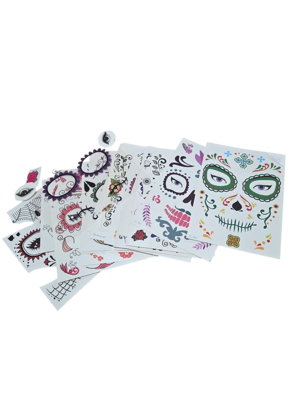 Konsait waterproof Day of the Dead temporary face tattoos featuring assorted Lot